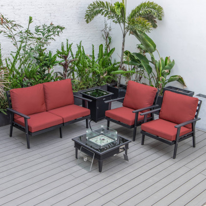 LeisureMod Walbrooke Modern Black Patio Conversation With Square Fire Pit With Slats Design & Tank Holder - Red