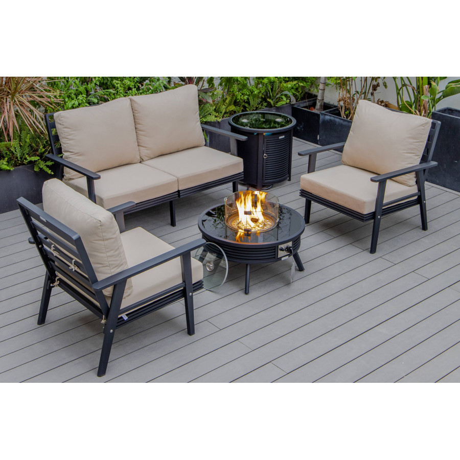 LeisureMod Walbrooke Modern Black Patio Conversation With Round Fire Pit With Slats Design & Tank Holder - Beige