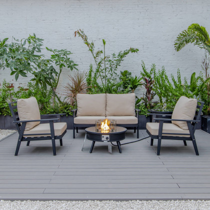 LeisureMod Walbrooke Modern Black Patio Conversation With Round Fire Pit With Slats Design & Tank Holder - Beige