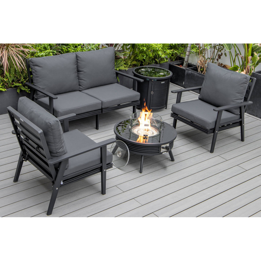 LeisureMod Walbrooke Modern Black Patio Conversation With Round Fire Pit With Slats Design & Tank Holder - Charcoal