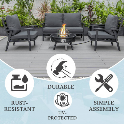 LeisureMod Walbrooke Modern Black Patio Conversation With Round Fire Pit With Slats Design & Tank Holder - Charcoal