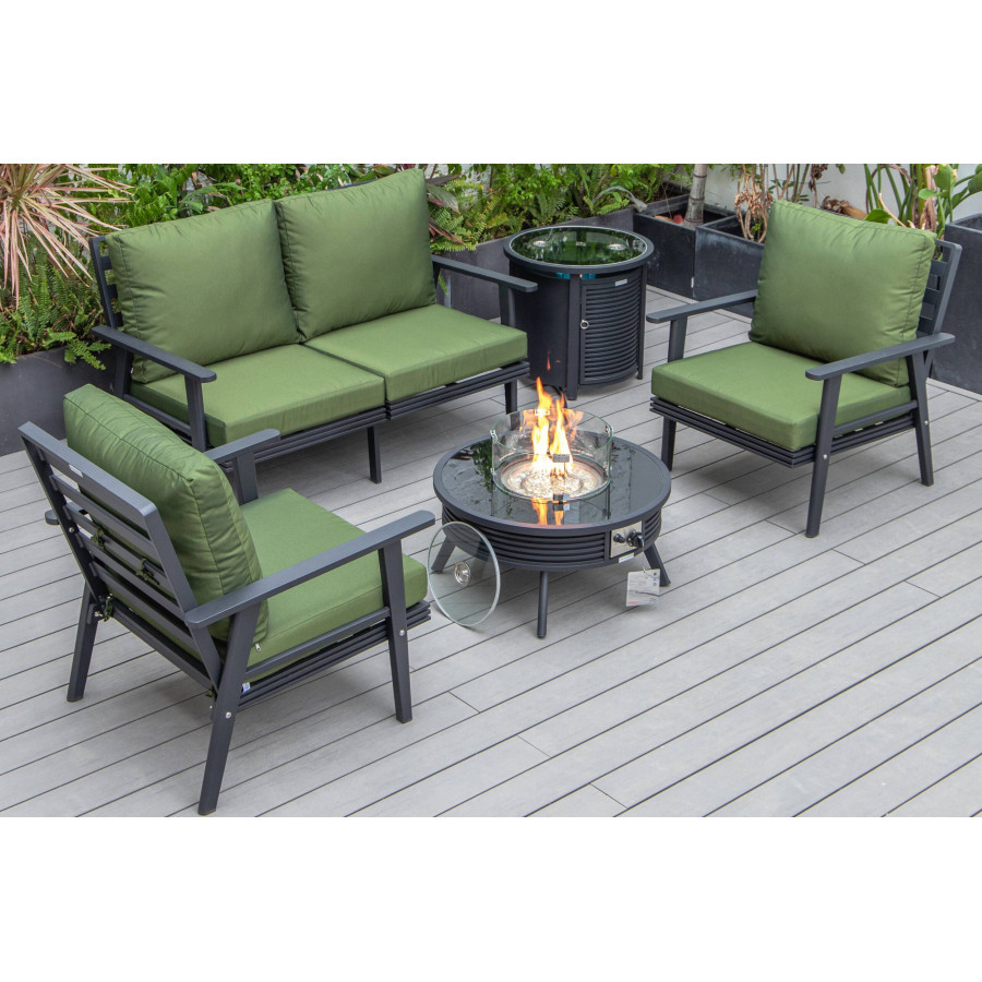 LeisureMod Walbrooke Modern Black Patio Conversation With Round Fire Pit With Slats Design & Tank Holder - Green