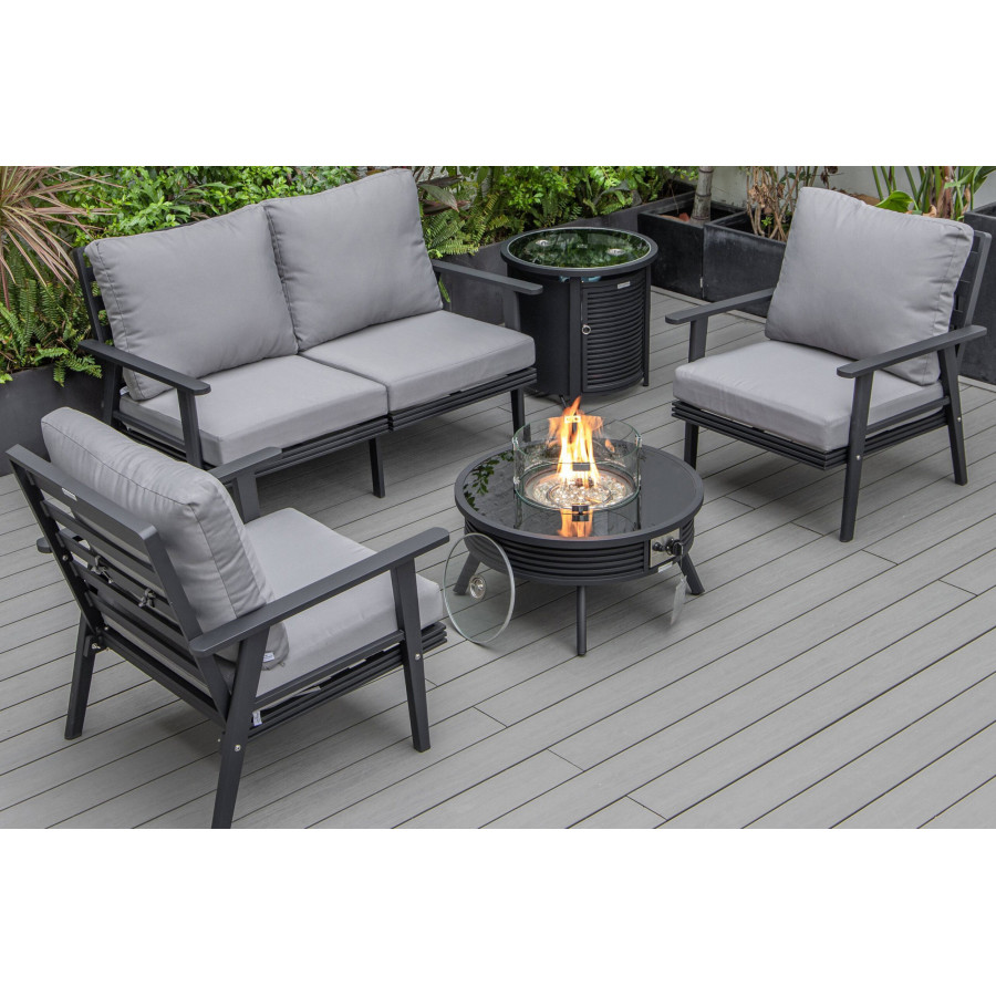 LeisureMod Walbrooke Modern Black Patio Conversation With Round Fire Pit With Slats Design & Tank Holder - Gray