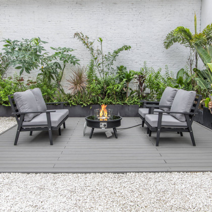 LeisureMod Walbrooke Modern Black Patio Conversation With Round Fire Pit With Slats Design & Tank Holder - Gray