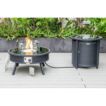 LeisureMod Walbrooke Modern Black Patio Conversation With Round Fire Pit With Slats Design & Tank Holder - Gray
