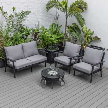 LeisureMod Walbrooke Modern Black Patio Conversation With Round Fire Pit With Slats Design & Tank Holder - Gray