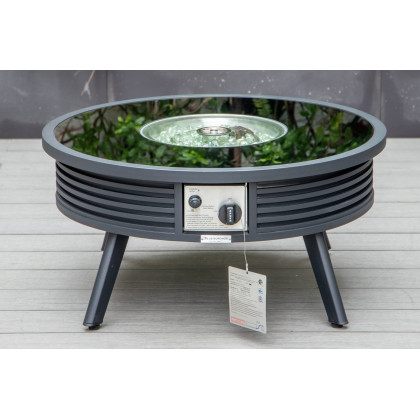 LeisureMod Walbrooke Modern Black Patio Conversation With Round Fire Pit With Slats Design & Tank Holder - Gray