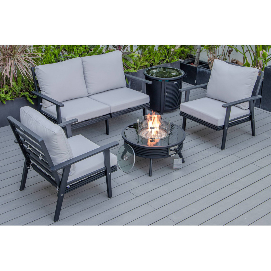 LeisureMod Walbrooke Modern Black Patio Conversation With Round Fire Pit With Slats Design & Tank Holder - Light Gray