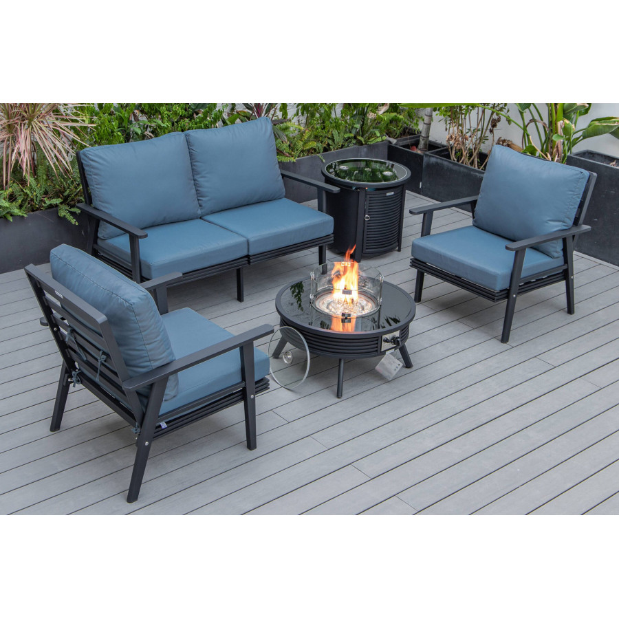 LeisureMod Walbrooke Modern Black Patio Conversation With Round Fire Pit With Slats Design & Tank Holder - Navy Blue