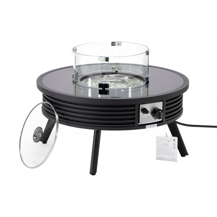 LeisureMod Walbrooke Modern Outdoor Round Fire Pit Table with Powder-Coated Aluminum Frame and Slats Design - Black