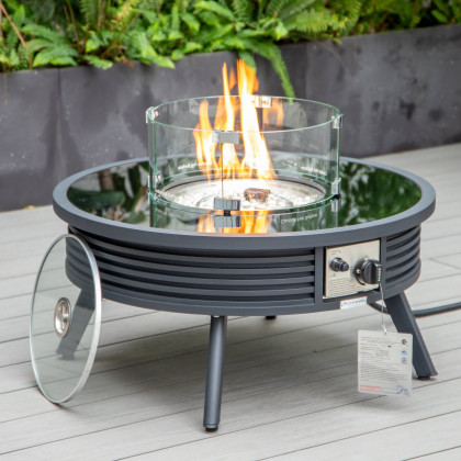 LeisureMod Walbrooke Modern Outdoor Round Fire Pit Table with Powder-Coated Aluminum Frame and Slats Design - Black