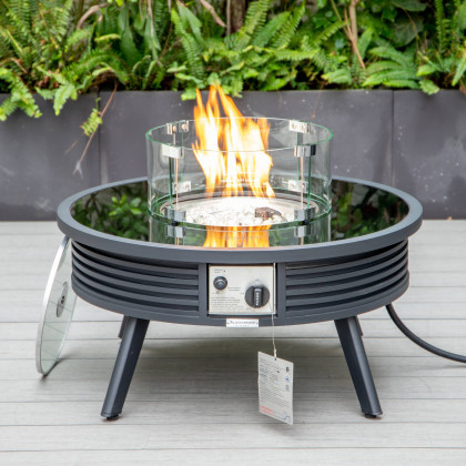 LeisureMod Walbrooke Modern Outdoor Round Fire Pit Table with Powder-Coated Aluminum Frame and Slats Design - Black