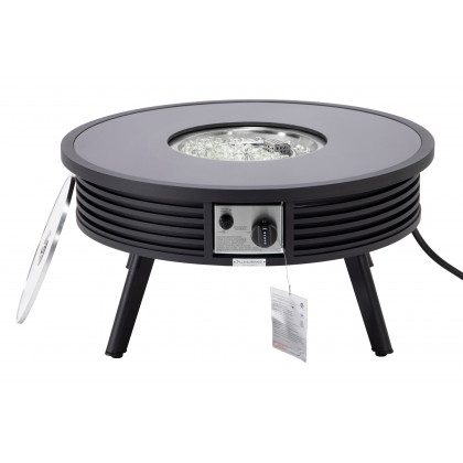 LeisureMod Walbrooke Modern Outdoor Round Fire Pit Table with Powder-Coated Aluminum Frame and Slats Design - Black
