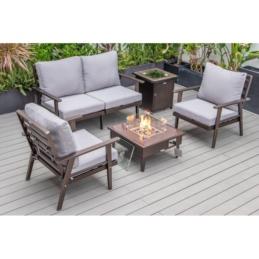 LeisureMod Walbrooke Modern Brown Patio Conversation With Square Fire Pit & Tank Holder - Gray