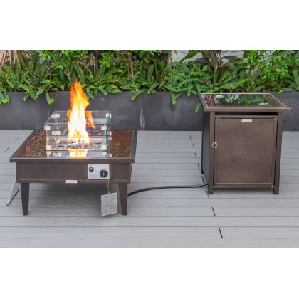 LeisureMod Walbrooke Modern Brown Patio Conversation With Square Fire Pit & Tank Holder - Gray
