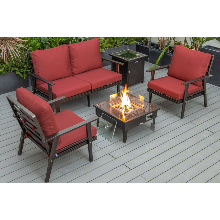 LeisureMod Walbrooke Modern Brown Patio Conversation With Square Fire Pit & Tank Holder - Red
