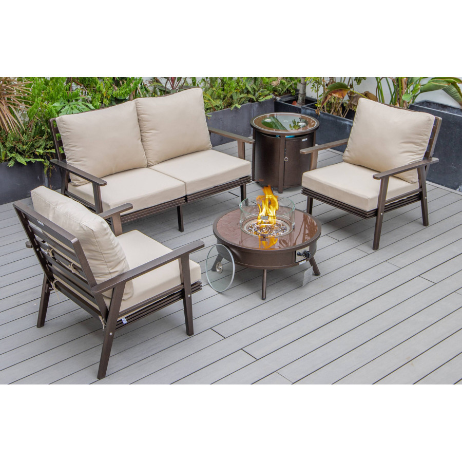 LeisureMod Walbrooke Modern Brown Patio Conversation With Round Fire Pit & Tank Holder - Beige