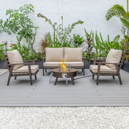 LeisureMod Walbrooke Modern Brown Patio Conversation With Round Fire Pit & Tank Holder - Beige