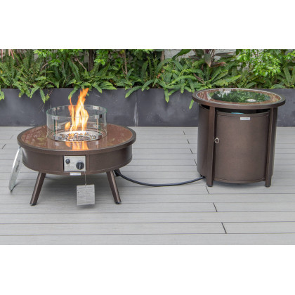 LeisureMod Walbrooke Modern Brown Patio Conversation With Round Fire Pit & Tank Holder - Beige