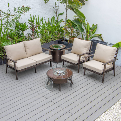 LeisureMod Walbrooke Modern Brown Patio Conversation With Round Fire Pit & Tank Holder - Beige