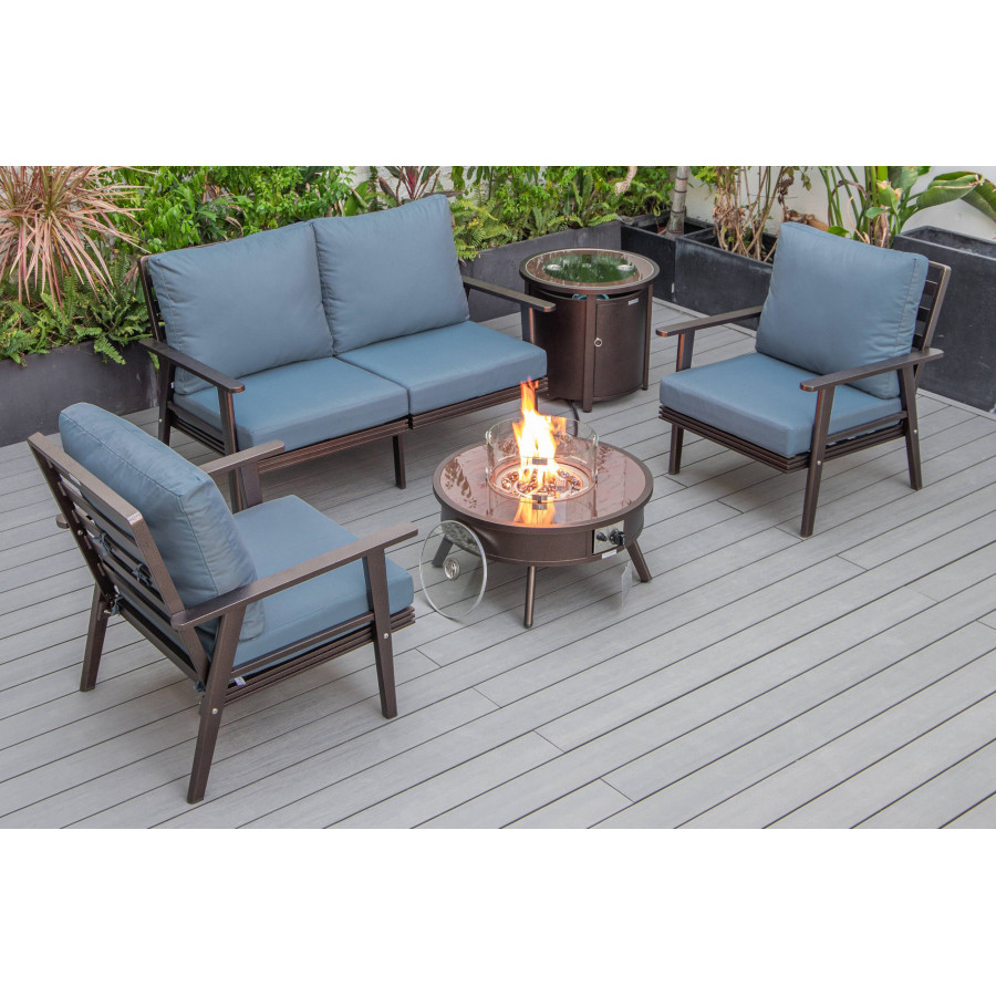 LeisureMod Walbrooke Modern Brown Patio Conversation With Round Fire Pit & Tank Holder - Navy Blue