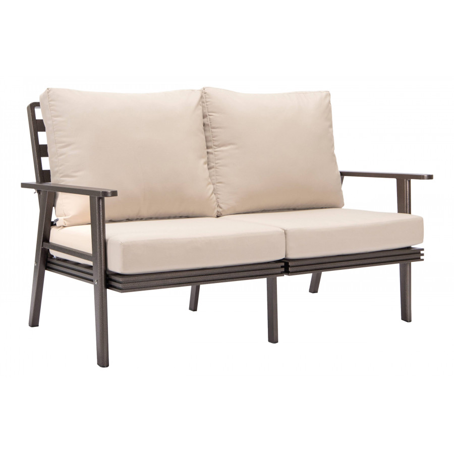 LeisureMod Walbrooke Modern Outdoor Patio Loveseat with Brown Aluminum Frame and Removable Cushions - Beige