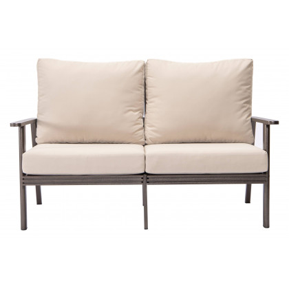 LeisureMod Walbrooke Modern Outdoor Patio Loveseat with Brown Aluminum Frame and Removable Cushions - Beige