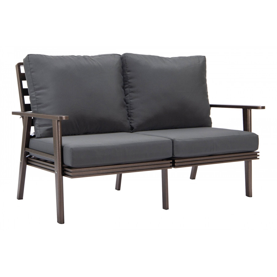 LeisureMod Walbrooke Modern Outdoor Patio Loveseat with Brown Aluminum Frame and Removable Cushions - Charcoal