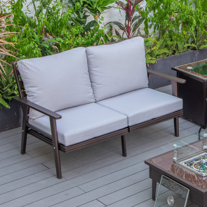 LeisureMod - Walbrooke Modern Outdoor Patio Loveseat with Brown Aluminum Frame and Removable Cushions