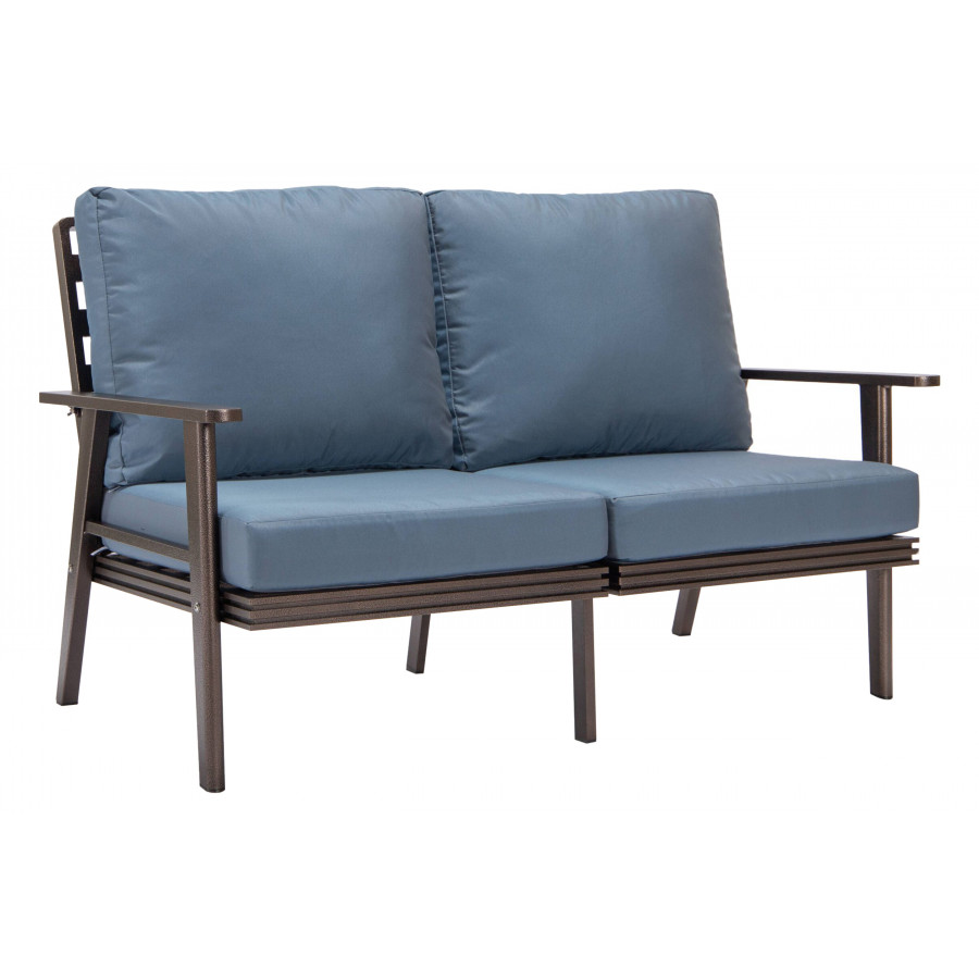 LeisureMod Walbrooke Modern Outdoor Patio Loveseat with Brown Aluminum Frame and Removable Cushions - Navy Blue