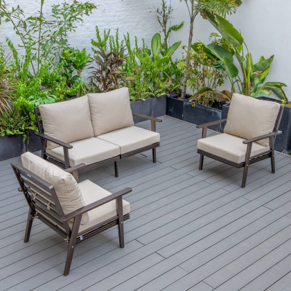 LeisureMod - Walbrooke Modern 3-Piece Outdoor Patio Set with Brown Aluminum Frame