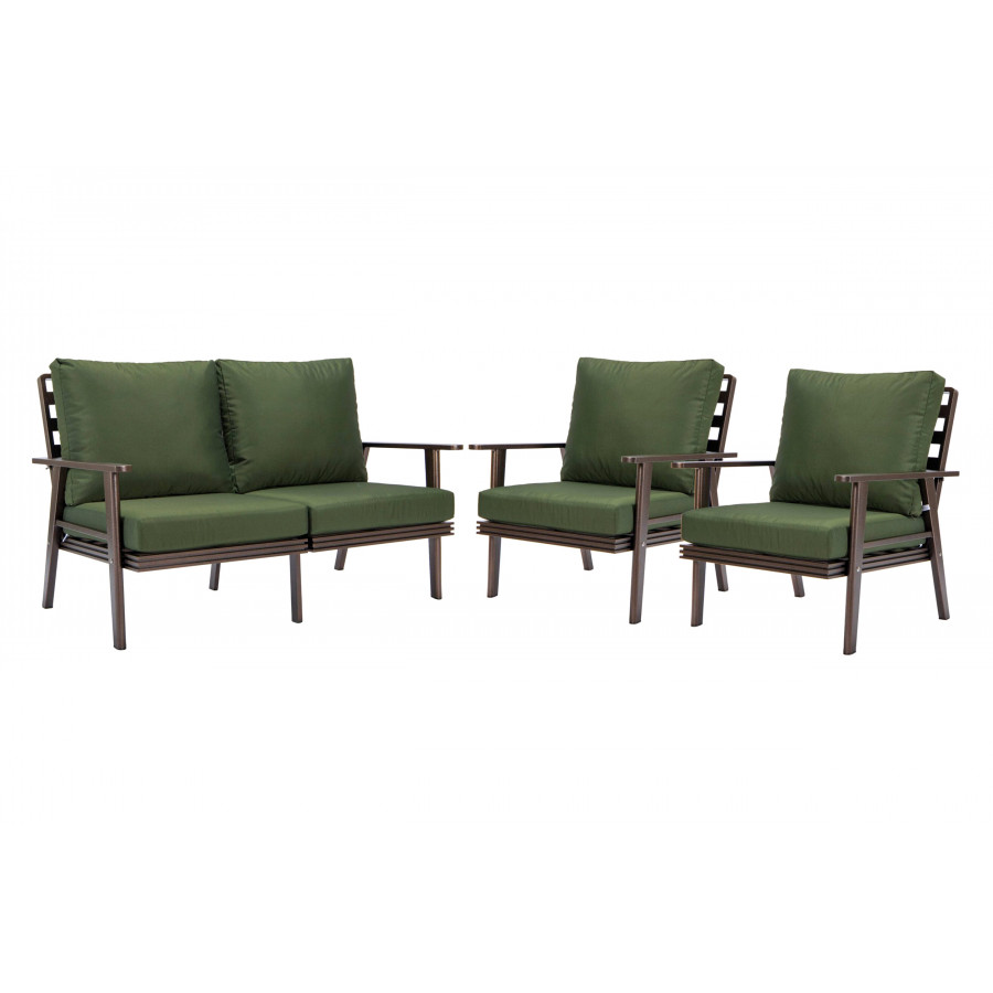 LeisureMod Walbrooke Modern 3-Piece Outdoor Patio Set with Brown Aluminum Frame - Green