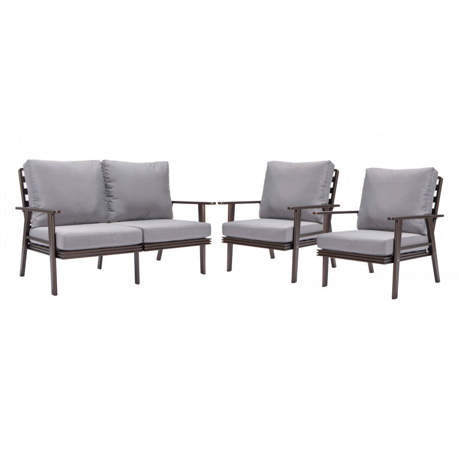 LeisureMod Walbrooke Modern 3-Piece Outdoor Patio Set with Brown Aluminum Frame - Gray