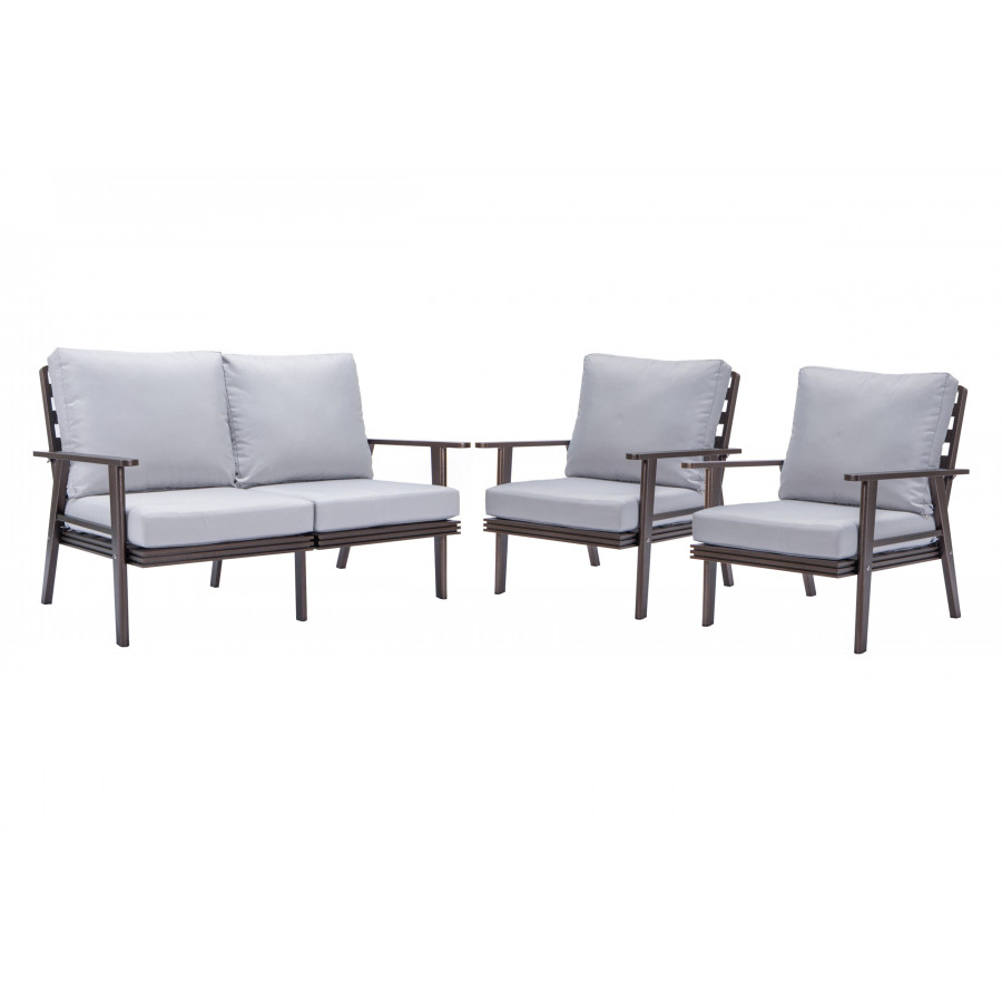 LeisureMod Walbrooke Modern 3-Piece Outdoor Patio Set with Brown Aluminum Frame - Light Gray