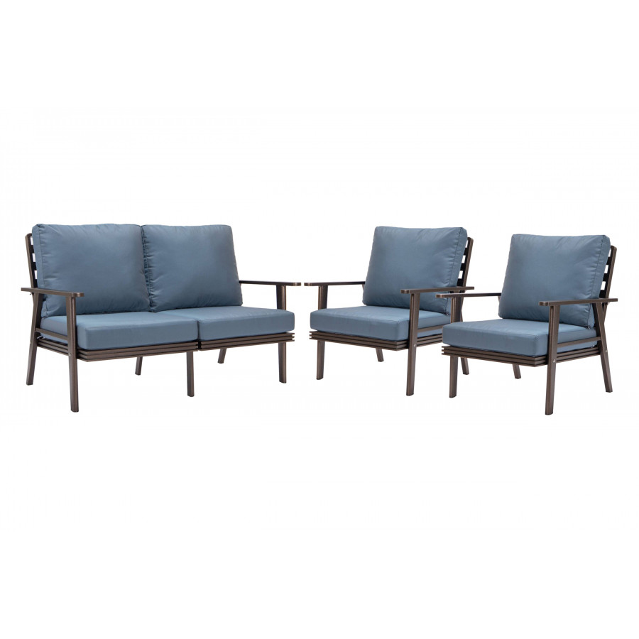 LeisureMod Walbrooke Modern 3-Piece Outdoor Patio Set with Brown Aluminum Frame - Navy Blue