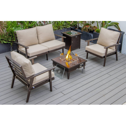 LeisureMod - Walbrooke Modern Black Patio Conversation With Square Fire Pit With Slats Design & Tank Holder