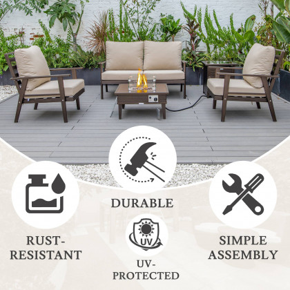 LeisureMod Walbrooke Modern Brown Patio Conversation With Square Fire Pit With Slats Design & Tank Holder - Beige