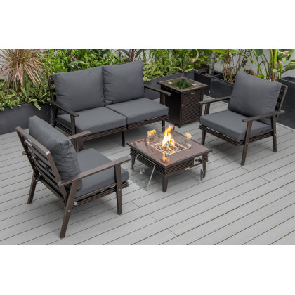 LeisureMod - Walbrooke Modern Black Patio Conversation With Square Fire Pit With Slats Design & Tank Holder