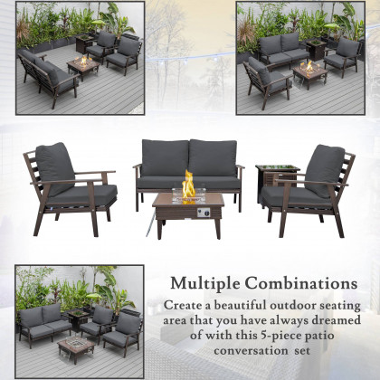LeisureMod Walbrooke Modern Brown Patio Conversation With Square Fire Pit With Slats Design & Tank Holder - Charcoal