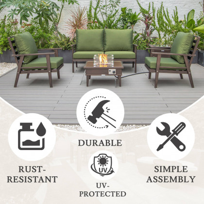 LeisureMod Walbrooke Modern Brown Patio Conversation With Square Fire Pit With Slats Design & Tank Holder - Green