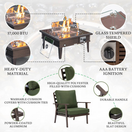LeisureMod Walbrooke Modern Brown Patio Conversation With Square Fire Pit With Slats Design & Tank Holder - Green
