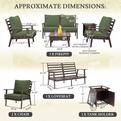 LeisureMod Walbrooke Modern Brown Patio Conversation With Square Fire Pit With Slats Design & Tank Holder - Green