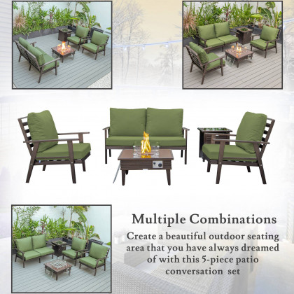 LeisureMod Walbrooke Modern Brown Patio Conversation With Square Fire Pit With Slats Design & Tank Holder - Green