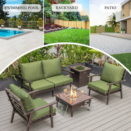 LeisureMod Walbrooke Modern Brown Patio Conversation With Square Fire Pit With Slats Design & Tank Holder - Green