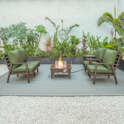 LeisureMod Walbrooke Modern Brown Patio Conversation With Square Fire Pit With Slats Design & Tank Holder - Green