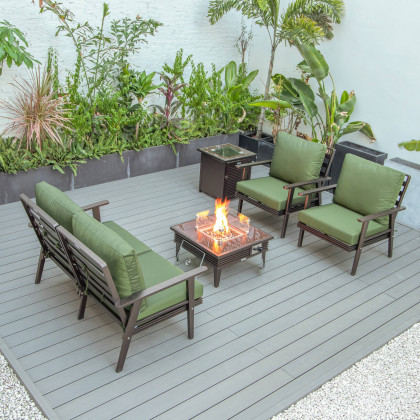LeisureMod Walbrooke Modern Brown Patio Conversation With Square Fire Pit With Slats Design & Tank Holder - Green