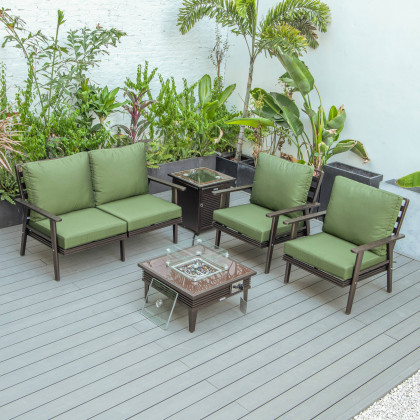 LeisureMod Walbrooke Modern Brown Patio Conversation With Square Fire Pit With Slats Design & Tank Holder - Green