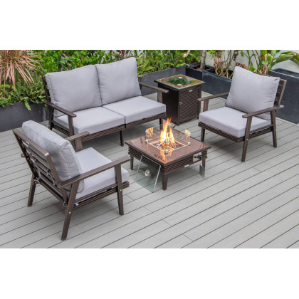 LeisureMod - Walbrooke Modern Black Patio Conversation With Square Fire Pit With Slats Design & Tank Holder