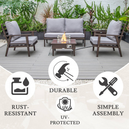 LeisureMod Walbrooke Modern Brown Patio Conversation With Square Fire Pit With Slats Design & Tank Holder - Gray
