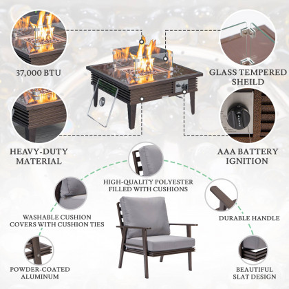 LeisureMod Walbrooke Modern Brown Patio Conversation With Square Fire Pit With Slats Design & Tank Holder - Gray